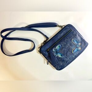 Anuschka Blue Leather Crossbody Bag with Butterfly Design